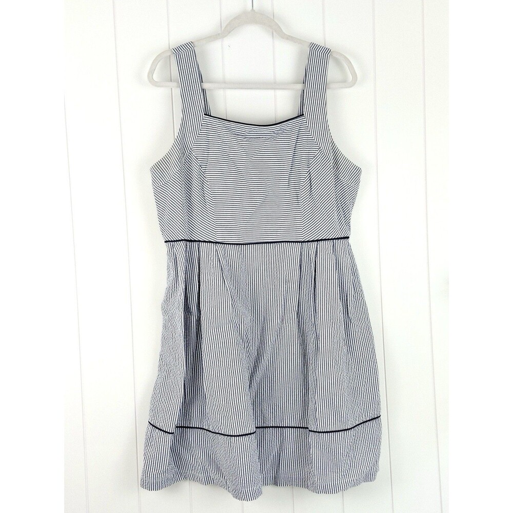 Lands End Seersucker Stripe Sundress Sleeveless Cotton Blue White Size 14P